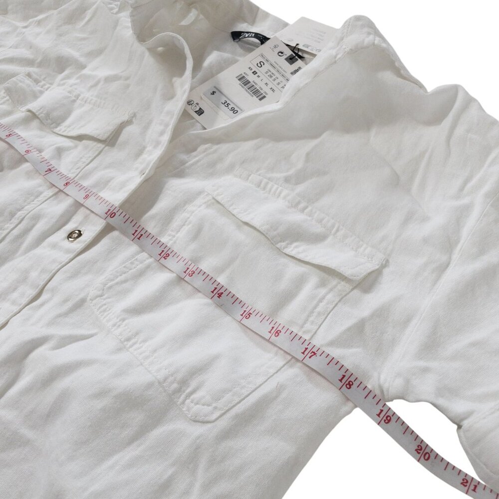 Zara White Button Down Short Sleeve Top SZ S Gold Buttons Front Pockets - Picture 10 of 11